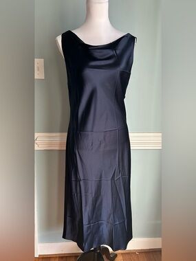 Sleek Navy Satin Midi Dress with Cowl Neck